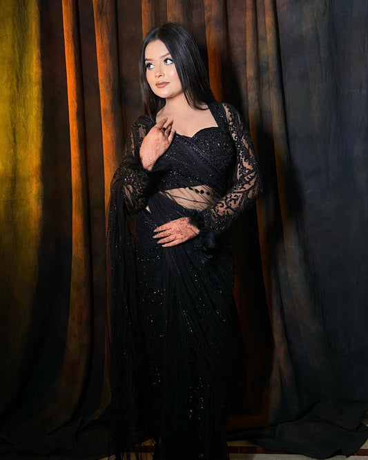 Party Wear Black Color Net Sequence Work Saree