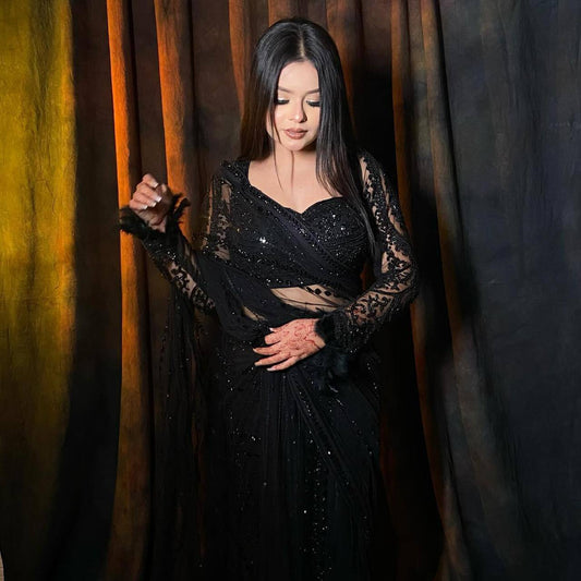 Party Wear Black Color Net Sequence Work Saree