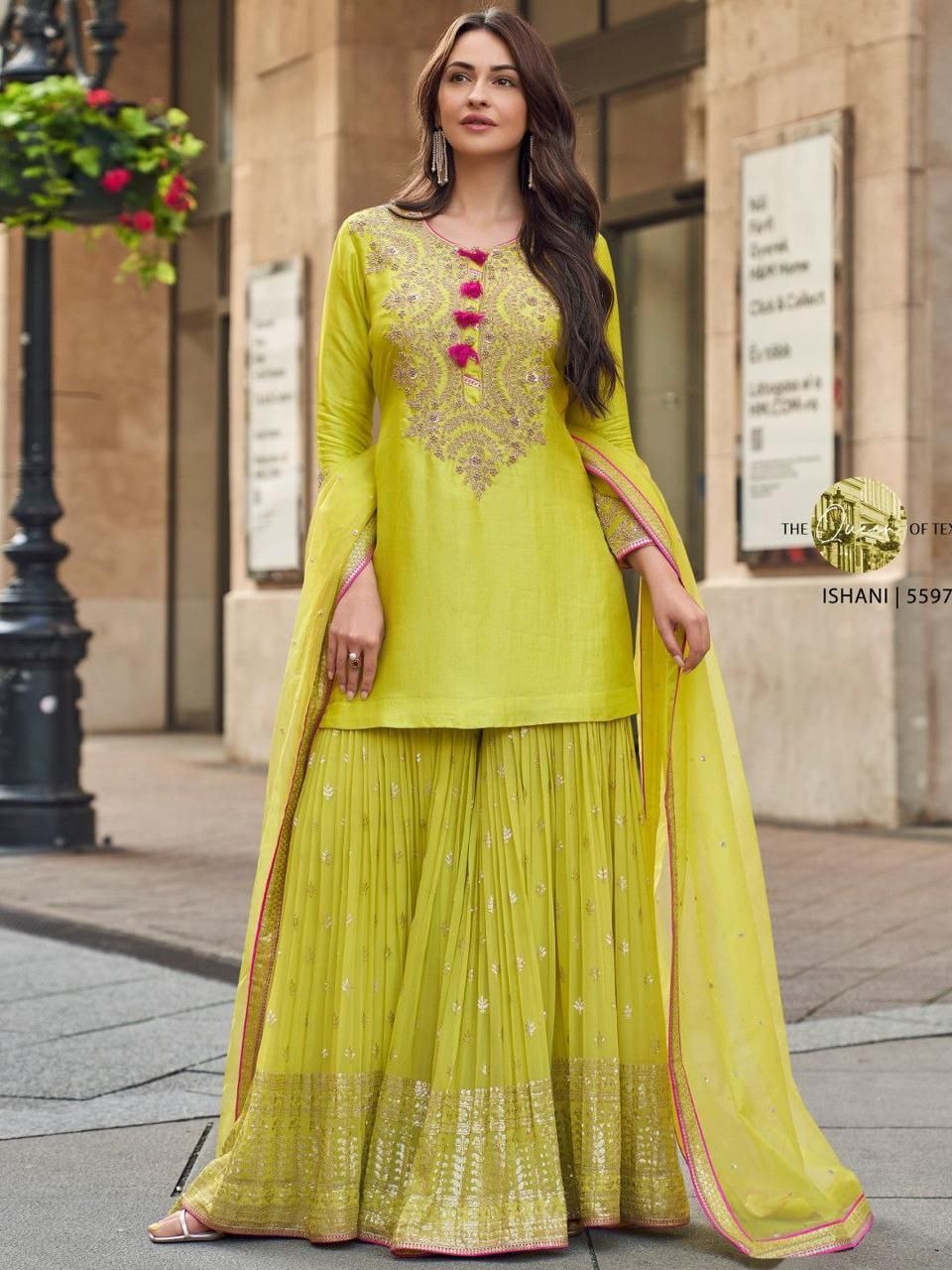 Presenting Georgette Sequence Work Yellow Color Sharara Suit