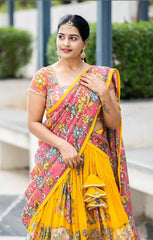 Function Wear Kalamkari Print Yellow Color Lehenga Choli Function Wear Kalamkari Print Yellow Color Lehenga Choli