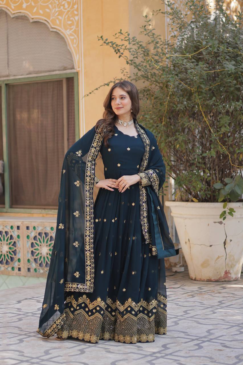 Occasion Wear Navy Blue Color Desirer Readymade Grown