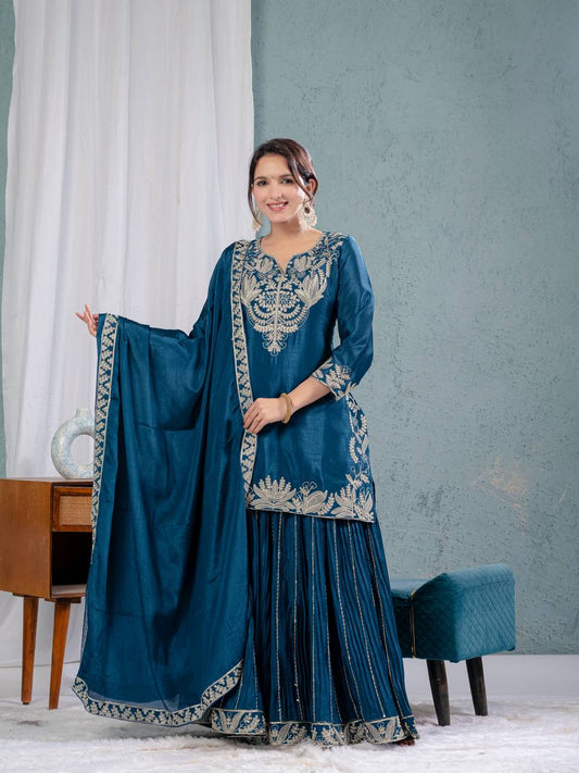 Festive Wear Sequence Work Teal Blue Color Sharara Suit