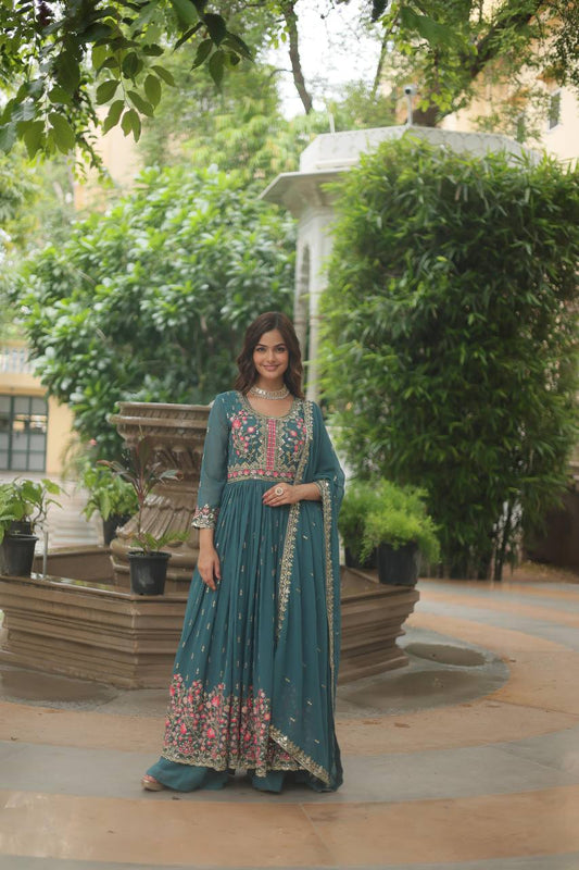 Marriage Special Georgette Teal Blue Color Kurti With Sharara Suit