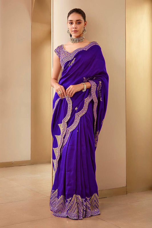 Blissful Embroidery Work Purple Blue Color Saree
