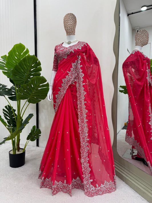 Wedding & Party Wear Thred & Sequnce Work Pink Color Saree