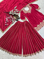 Decent Embroidery Sequence Work Red Color Sharara suit Decent Embroidery Sequence Work Red Color Sharara suit