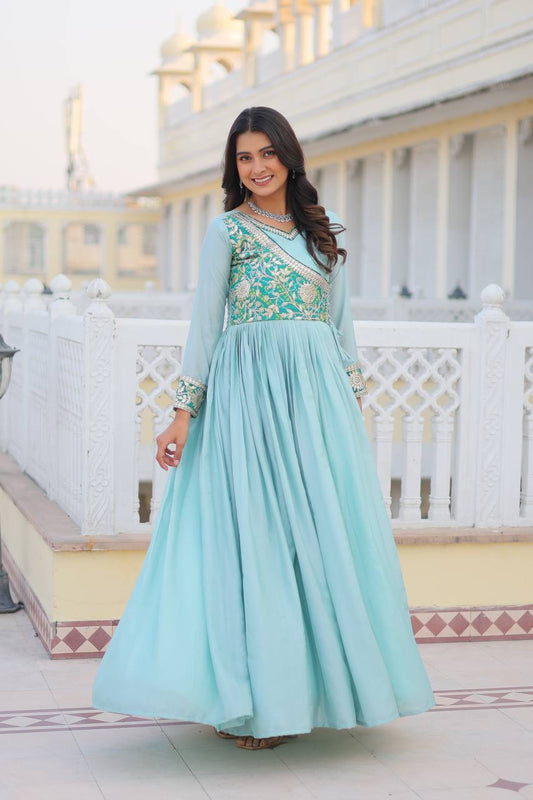 Superhit Sky Blue Color bandhrej Long Gown