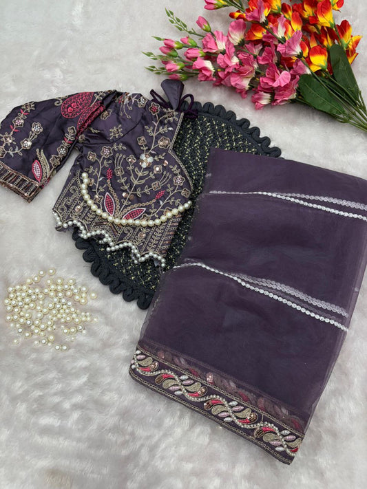Party Wear Hand Diamond Work Purple Color saree