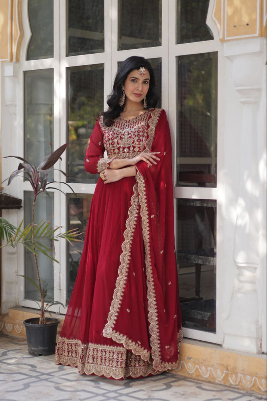Elegant Sequins Work Maroon Color Gown With Dupatta