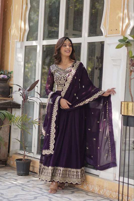Preferable Zari Sequins Work Purple Color Gown