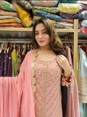Classy Georgette Sequence Work Peach Color Sharara Suit Classy Georgette Sequence Work Peach Color Sharara Suit