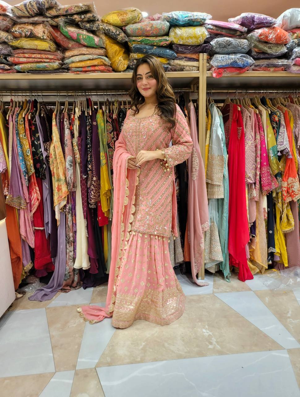 Classy Georgette Sequence Work Peach Color Sharara Suit