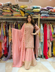 Classy Georgette Sequence Work Peach Color Sharara Suit Classy Georgette Sequence Work Peach Color Sharara Suit
