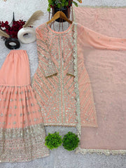 Classy Georgette Sequence Work Peach Color Sharara Suit Classy Georgette Sequence Work Peach Color Sharara Suit