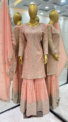 Classy Georgette Sequence Work Peach Color Sharara Suit Classy Georgette Sequence Work Peach Color Sharara Suit