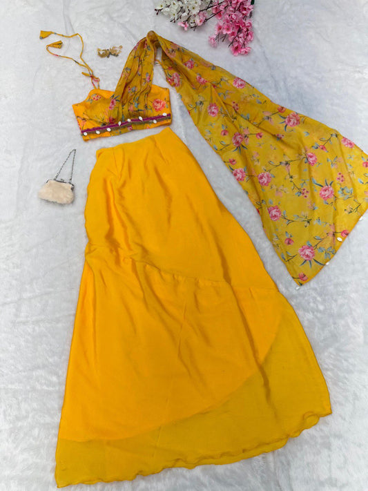 Presenting Chinnon Silk Yellow Color Skirt With Blouse