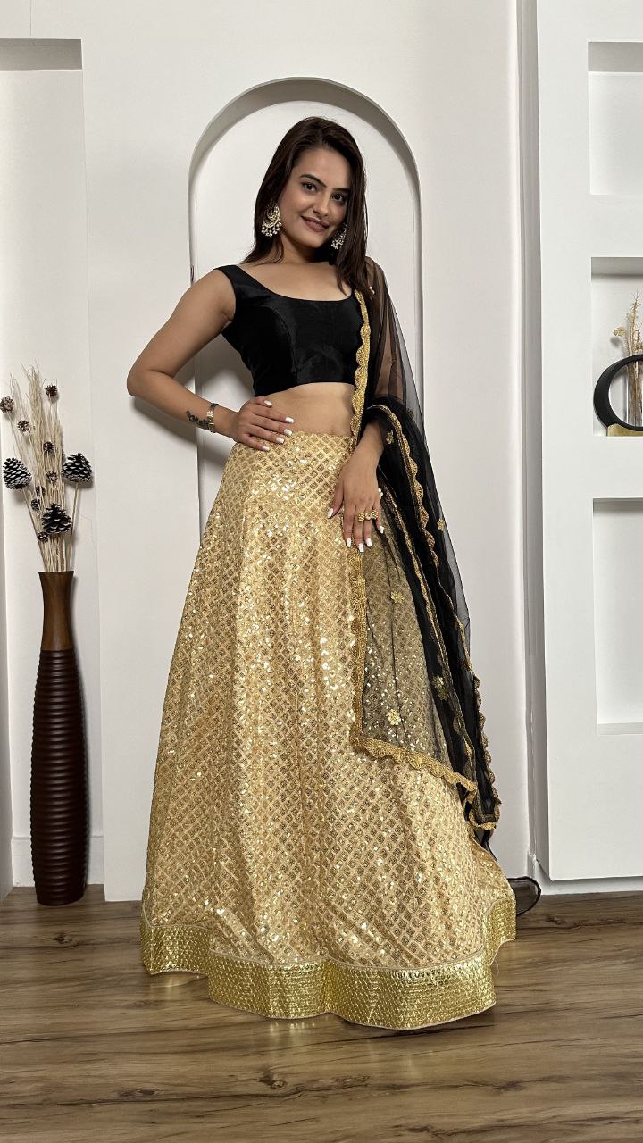 Designer Kasturi Silk Golden Color Lehenga With Black Color Blouse