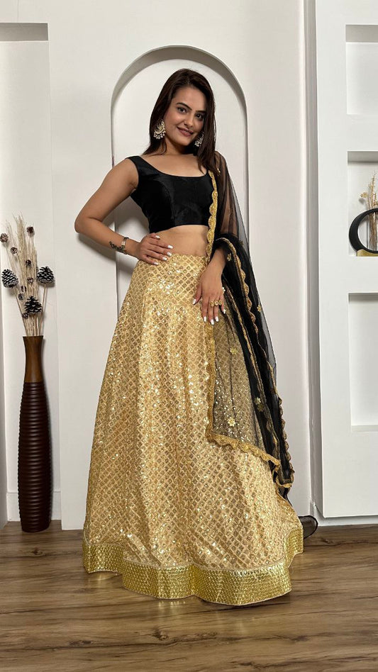 Designer Kasturi Silk Golden Color Lehenga With Black Color Blouse