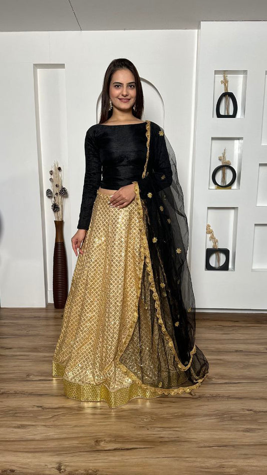 Designer Kasturi Silk Golden Color Lehenga With Black Color Blouse