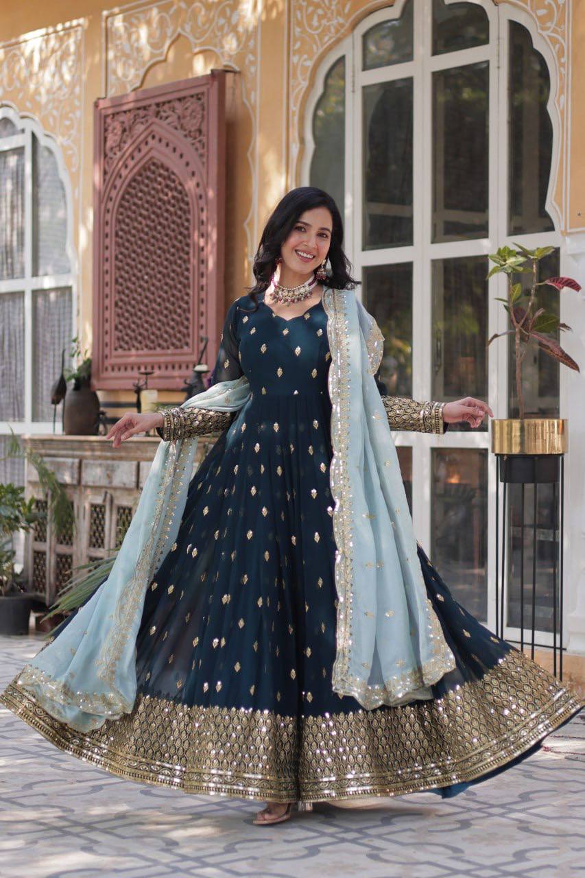 Wedding & Party Wear Georgette Aqua Blue Sequence Work Gown