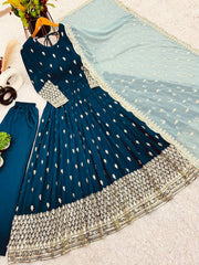 Wedding & Party Wear Georgette Aqua Blue Sequence Work Gown Wedding & Party Wear Georgette Aqua Blue Sequence Work Gown