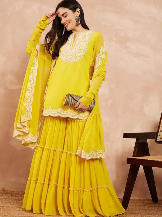 Wedding & Party Wear Georgette Yellow Color Sharara Suit