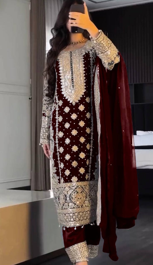 Traditional wear Maroon Color Georgette Revet Moti Salwar Suit