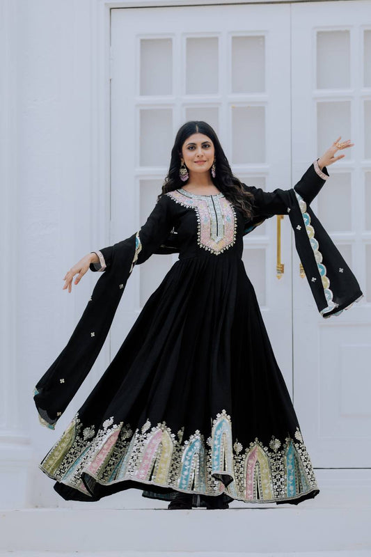 Beautiful Sequence Work Chinon Silk Black Color Gown