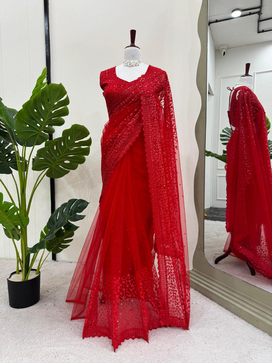 Wedding & Party Wear Soft Net Red Color Saree