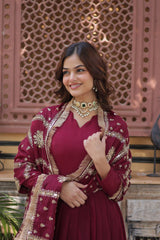 Designer Embroidery Zari Sequins Work Maroon Color Gown With Dupatta Designer Embroidery Zari Sequins Work Maroon Color Gown With Dupatta