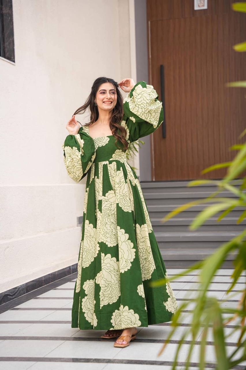 Presenting Maslin Print Work Green Color Gown