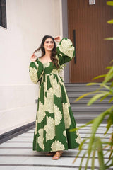 Presenting Maslin Print Work Green Color Gown Presenting Maslin Print Work Green Color Gown