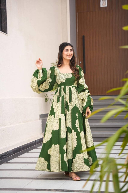Presenting Maslin Print Work Green Color Gown