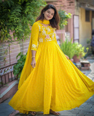 Flattering Georgette Sequence Work Yellow Color Gown Flattering Georgette Sequence Work Yellow Color Gown
