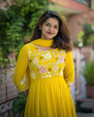 Flattering Georgette Sequence Work Yellow Color Gown Flattering Georgette Sequence Work Yellow Color Gown