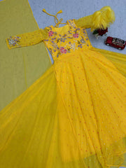 Flattering Georgette Sequence Work Yellow Color Gown Flattering Georgette Sequence Work Yellow Color Gown