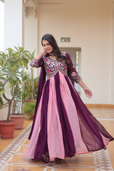Outstanding Embroidery Work Wine Color Long Gown With Dupatta Outstanding Embroidery Work Wine Color Long Gown With Dupatta