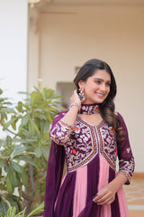 Outstanding Embroidery Work Wine Color Long Gown With Dupatta Outstanding Embroidery Work Wine Color Long Gown With Dupatta