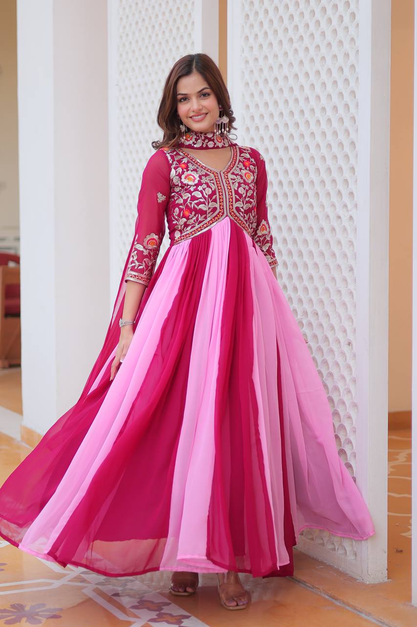 Outstanding Embroidery Work Pink Color Long Gown With Dupatta