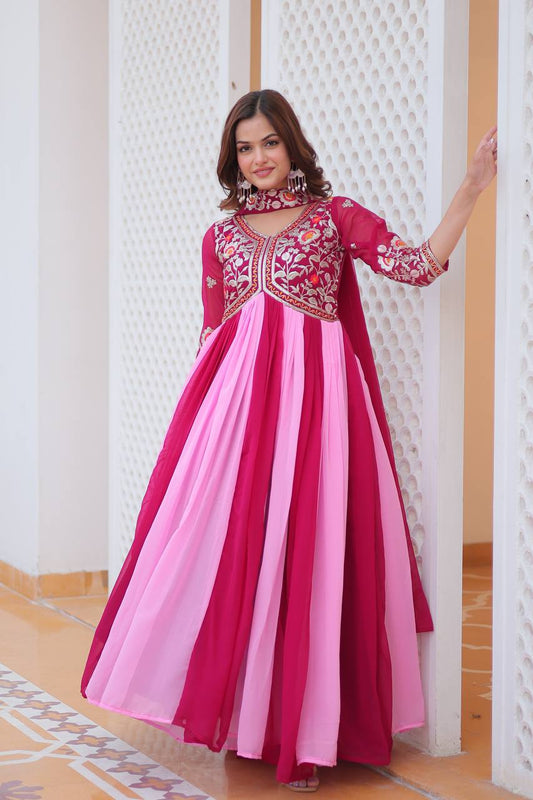 Outstanding Embroidery Work Pink Color Long Gown With Dupatta