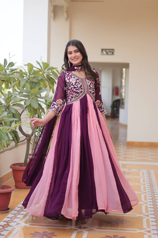 Outstanding Embroidery Work Wine Color Long Gown With Dupatta