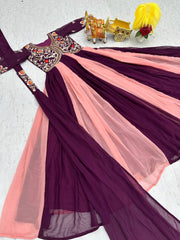 Outstanding Embroidery Work Wine Color Long Gown With Dupatta Outstanding Embroidery Work Wine Color Long Gown With Dupatta
