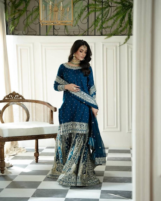 Adorable Sequence Work Navy Blue Color Top Gharara With Dupatta Set