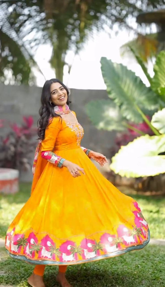 Classic Kalamkari Print Yellow Color Gown With Dupatta