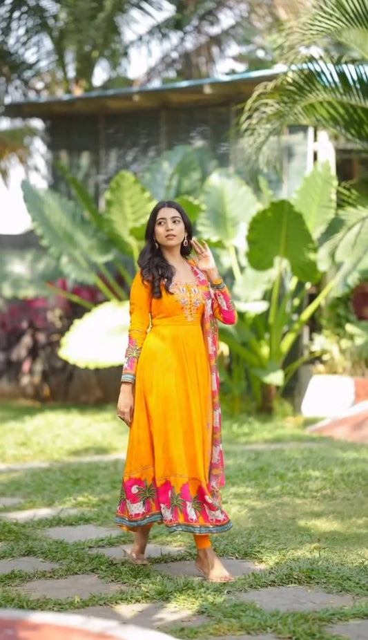 Classic Kalamkari Print Yellow Color Gown With Dupatta