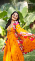 Classic Kalamkari Print Yellow Color Gown With Dupatta Classic Kalamkari Print Yellow Color Gown With Dupatta