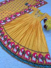 Classic Kalamkari Print Yellow Color Gown With Dupatta Classic Kalamkari Print Yellow Color Gown With Dupatta