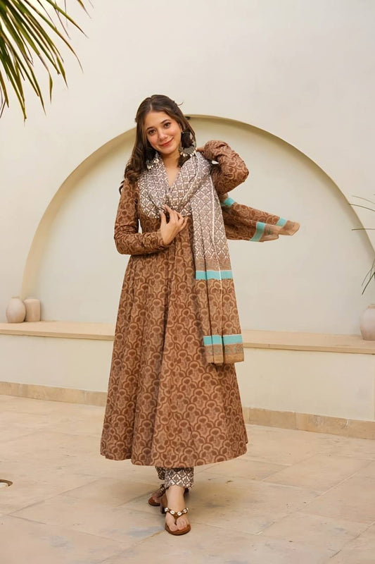 Precious Digital Print Work Brown Color Anarkali Suit