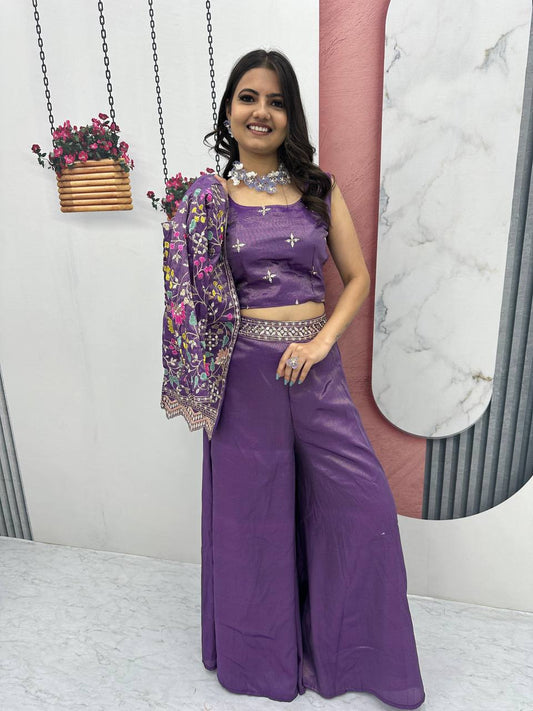 Preferable Tissue Simmer Purple Color Palazzo Suit With Shrug