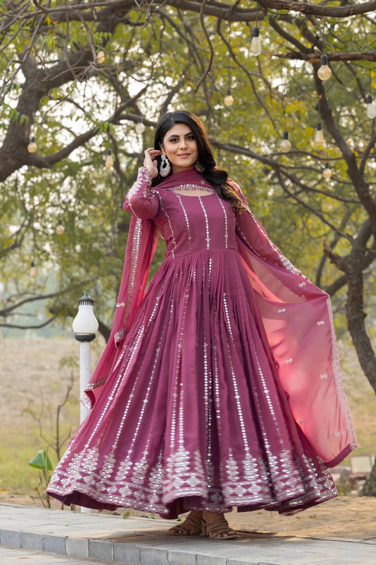 Fantastic Georgette Embroidery Work Onion Color Gown
